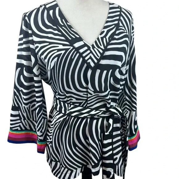 Trina Turk INC zebra print kimono top with rainbow print on sleeves size medium - Picture 2 of 11